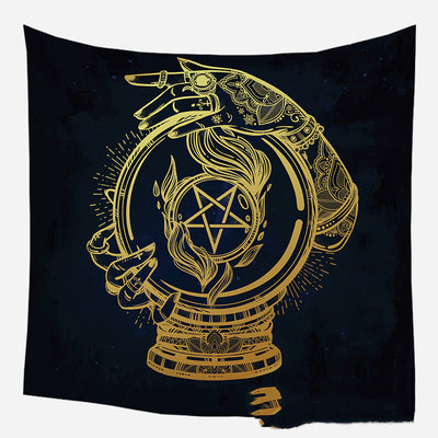 Golden crescent moon and woman silhouette tapestry with a floral crown against a dark blue starry background. - Image 26