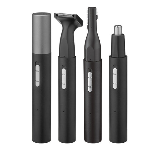 Black multifunctional men's grooming kit with electric shaver, nose hair trimmer, eyebrow trimmer, cleaning brush, and USB cable. - Image 6