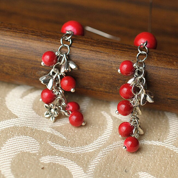 Aretes de Perla Roja con Cuentas de Plata - Estilo Étnico