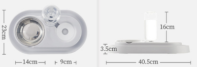 White pet feeding station with a stainless steel food bowl and a clear automatic water dispenser bottle. - Image 20