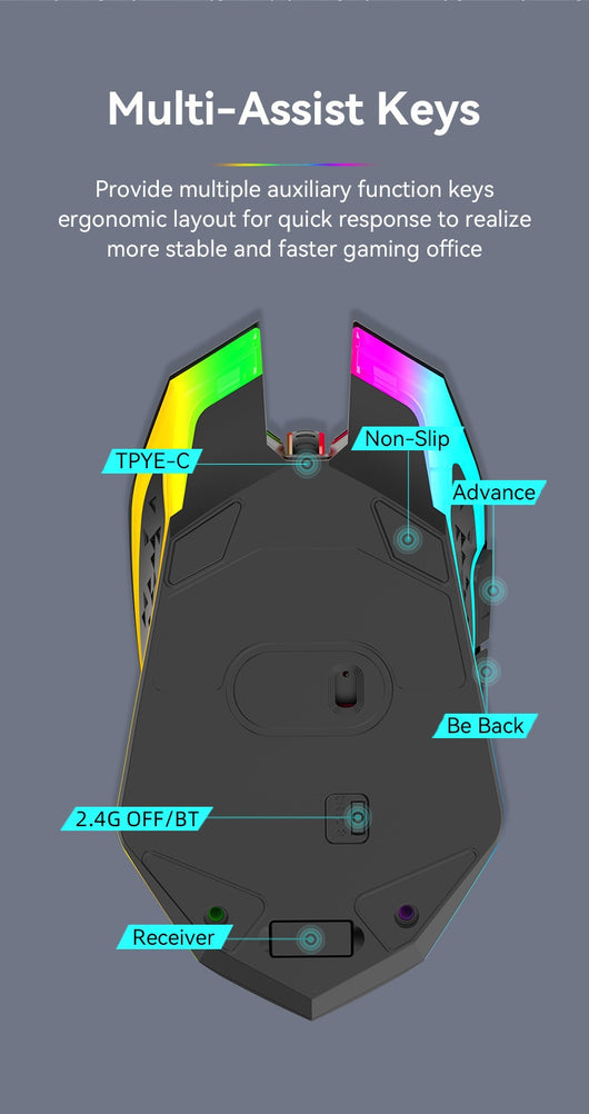 Ratón Gaming Inalámbrico Dual Mode 2.4GHz Recargable con Luz LED Respirable - Image 30