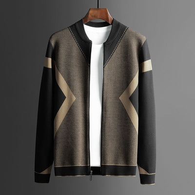 Cardigan Tejido Jacquard con Contraste de Colores y Cierre