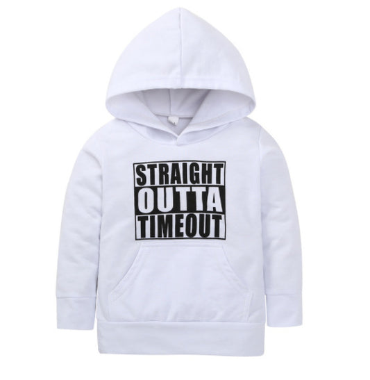 Black children's hooded pullover sweater with "STRAIGHT OUTTA TIMEOUT" in white text and a kangaroo pocket. - Image 2