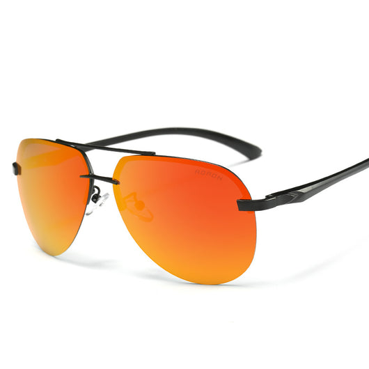 Rimless aviator sunglasses with orange mirrored polarized lenses and silver-toned metal temples on a white background. - Image 9