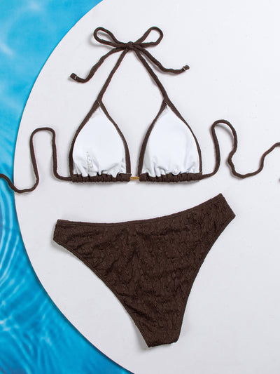 Dark brown textured bikini set with triangle bra top and tie-side bottoms, featuring a small gold metal accent. - Image 15