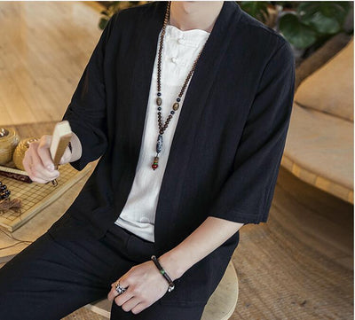 Camisa Cardigan Hanfu de Algodón y Lino - Estilo Asiático Manga 3/4 Hombre - Image 6