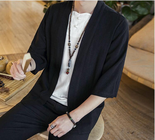 Camisa Cardigan Hanfu de Algodón y Lino - Estilo Asiático Manga 3/4 Hombre - Image 6