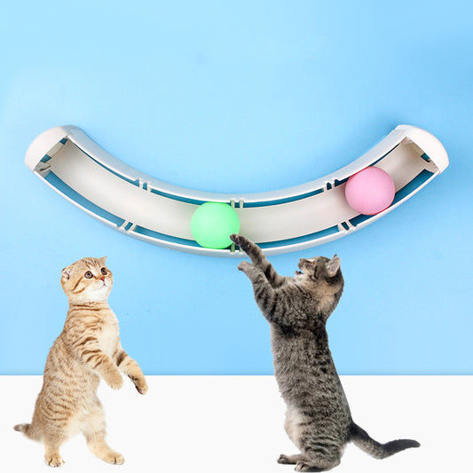 White curved track cat toy with green and pink balls, mounted on a blue wall, with two cats playing.