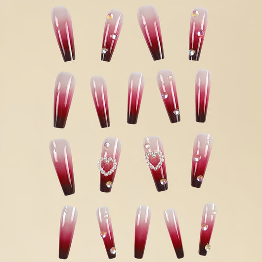 Uñas Postizas Degradado Rojo Perla con Efecto Corazón - Image 3
