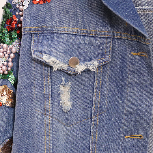 Chaqueta Denim Oversized con Bordados y Lentejuelas Reductora para Mujer - Image 12