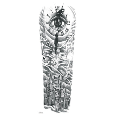 Full arm temporary tattoo sticker with a black, red, and light blue tribal design, featuring abstract shapes and patterns. - Image 28