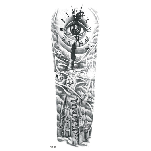 Full arm temporary tattoo sticker with a black, red, and light blue tribal design, featuring abstract shapes and patterns. - Image 28