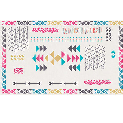 Rectangular area rug with white background and horizontal stripes of black, teal, and yellow tribal patterns. - Image 33