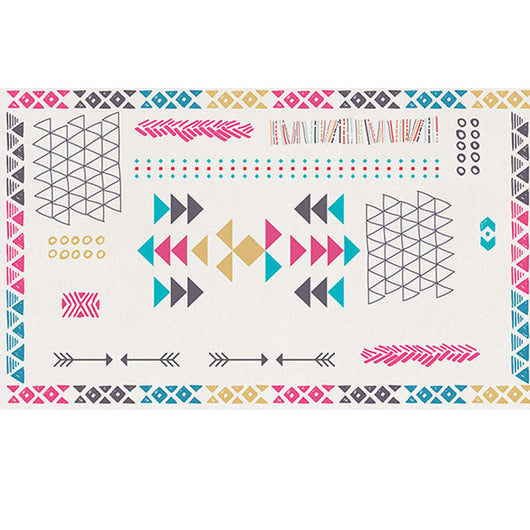 Rectangular area rug with white background and horizontal stripes of black, teal, and yellow tribal patterns. - Image 33