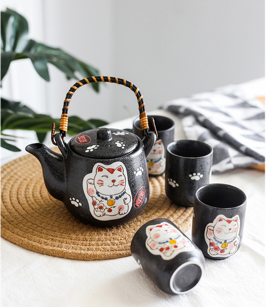 Juego de Té de Cerámica Gato de la Suerte Pintado a Mano - Tetera y 4 Tazas Negro - Image 4