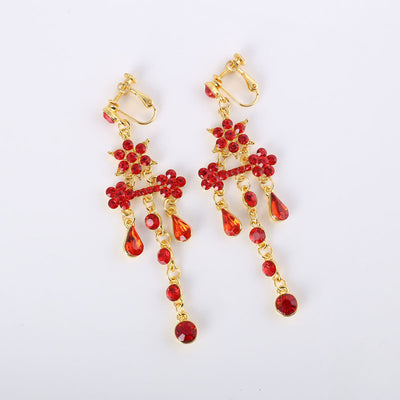 Red and gold bridal jewelry set with a statement necklace and matching dangle earrings, featuring floral and teardrop rhinestones. - Image 6