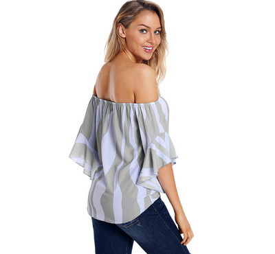 Blusa de Verano Elegante con Cuello Tubo y Mangas Trompeta a Rayas - Image 3