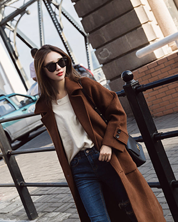 Abrigo de Lana Largo Estilo Coreano Harajuku Caramelo para Mujer
