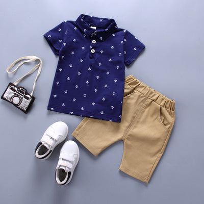 Conjunto Infantil Niño Estilo Coreano con Estampado de Ancla - Manga Corta Primavera Verano