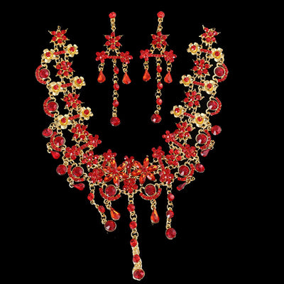 Red and gold bridal jewelry set with a statement necklace and matching dangle earrings, featuring floral and teardrop rhinestones. - Image 8