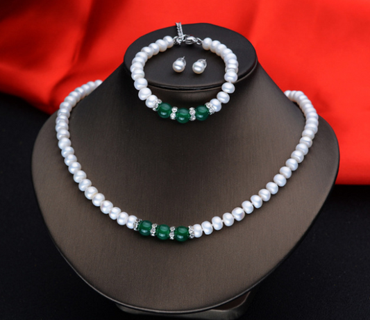 Conjunto de Ágata: Collar, Pulsera y Aretes de Perla