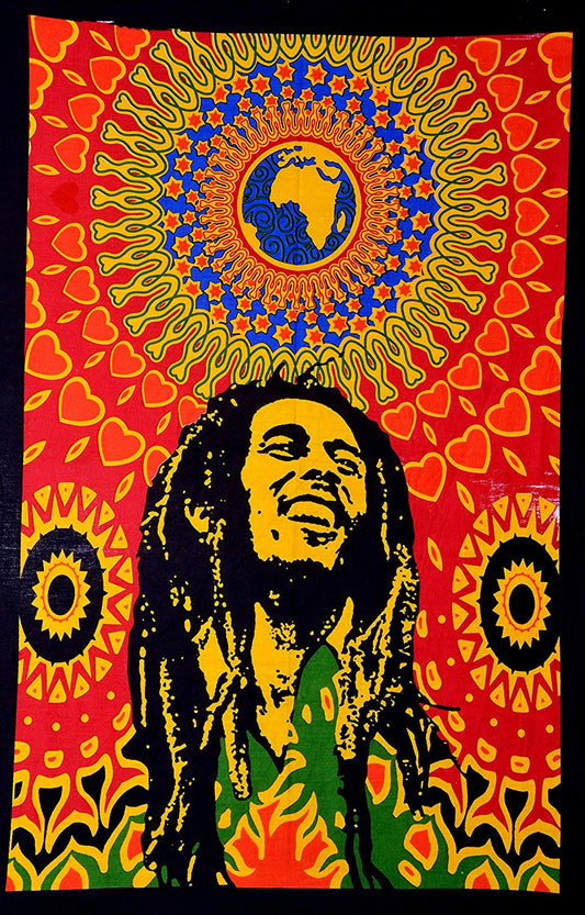 Vibrant Bob Marley tapestry with dreadlocks, a smiling face, and a colorful mandala globe design on a red background. - Image 2