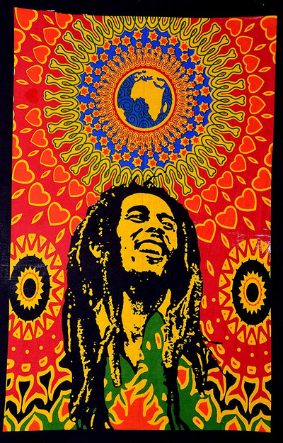 Vibrant Bob Marley tapestry with dreadlocks, a smiling face, and a colorful mandala globe design on a red background. - Image 2