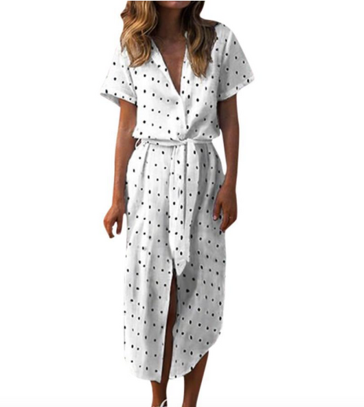 Vestido Largo de Botones con Escote en V y Lunares - Image 7