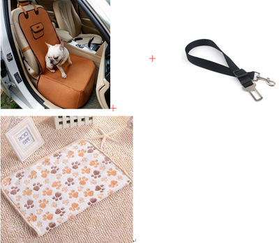 Light grey pet car seat with brown trim on a car's front passenger seat, holding two small dogs. Includes a black pet seatbelt tether. - Image 6