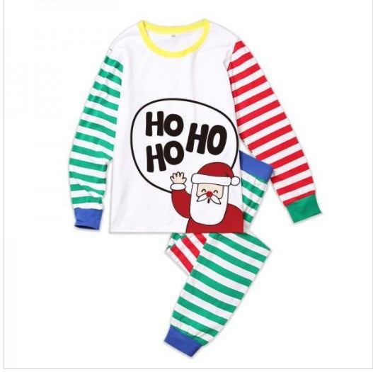White Christmas parent-child pajama set with Santa Claus and "HO HO HO" graphic, featuring colorful striped sleeves and legs. - Image 10