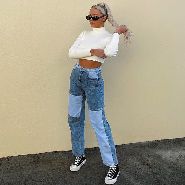 Jeans Casual Hip-hop con Costuras Combinadas