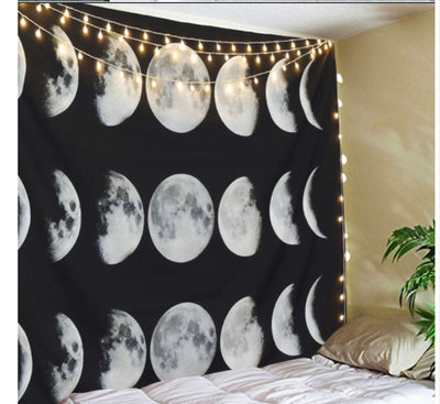 Black tapestry featuring a repeating pattern of white and grey moon phases, including full, crescent, and half moons. - Image 4