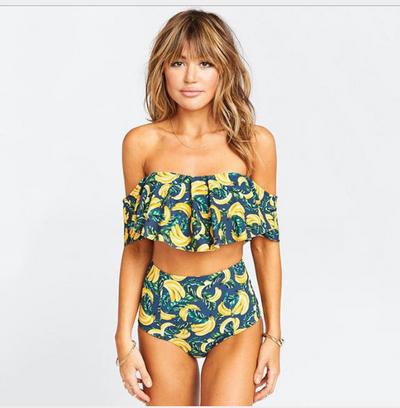 Bikini de Hombros Descubiertos y Cintura Alta a Rayas - Image 5