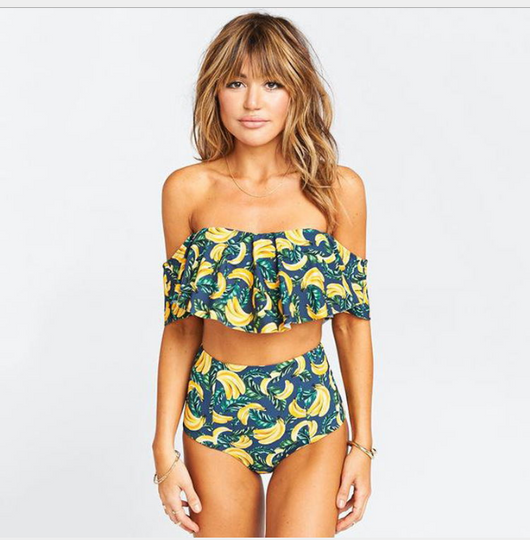 Bikini de Hombros Descubiertos y Cintura Alta a Rayas - Image 5