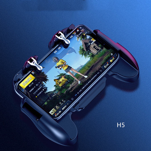 Red and blue smartphone game controller grip with integrated cooling fan and metal trigger buttons, connected to a white USB cable.
