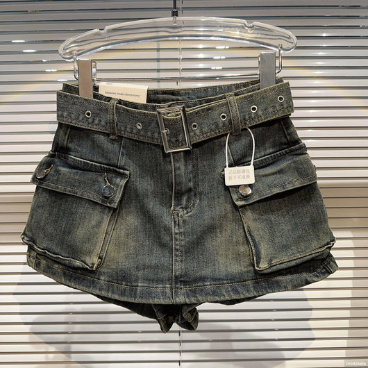 Shorts Denim Retro para Mujer con Bolsillos Grandes y Cinturón - Image 11