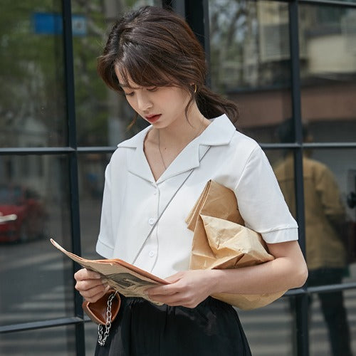 Blusa Elegante de Gasa con Cuello Solapa - Camisa Sofisticada de Manga Corta para Mujer - Image 10