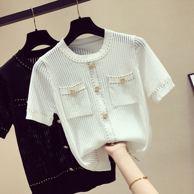 Blusa de Seda Brillante Tejida Manga Corta para Mujer