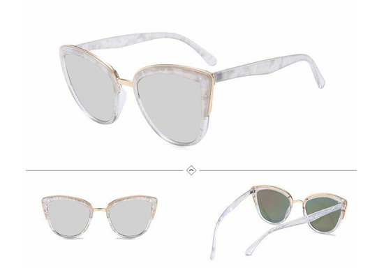 Female cat-eye sunglasses with clear marbled plastic frames, pink mirrored lenses, and gold-tone accents. - Image 7