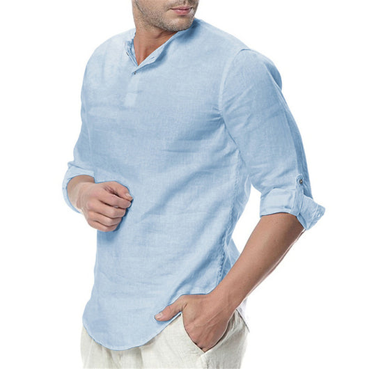 Camisa de Lino y Algodón con Cuello Mao de Manga Larga - Image 5