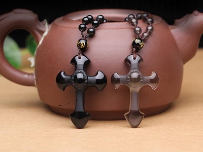 Dije Cruz Jesús Obsidiana Natural - Collar de Pareja Cristiano - Image 2