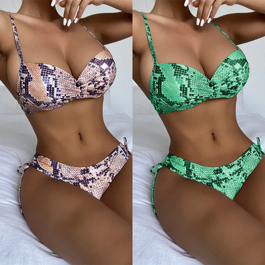 Bikini Triángulo Estampado Serpiente con Fruncido Levantador - Image 8