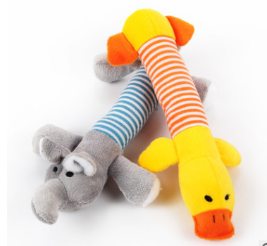 Grey plush elephant dog toy with a blue and white striped body, black eyes, and white inner ears. - Image 4