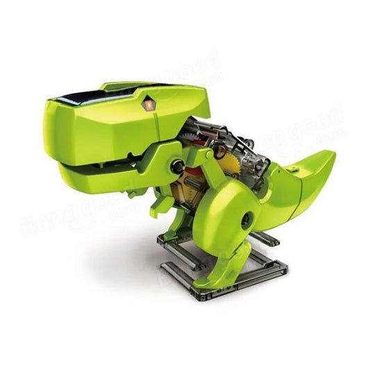 Lime green solar-powered robot toy assembled into a dinosaur (T-Rex) with visible gears and a solar panel. - Image 5