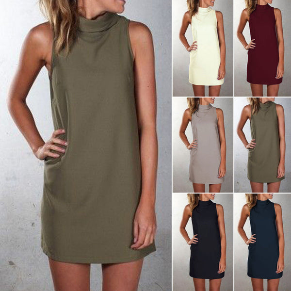 Vestido Casual Cuello Alto sin Mangas Color Sólido