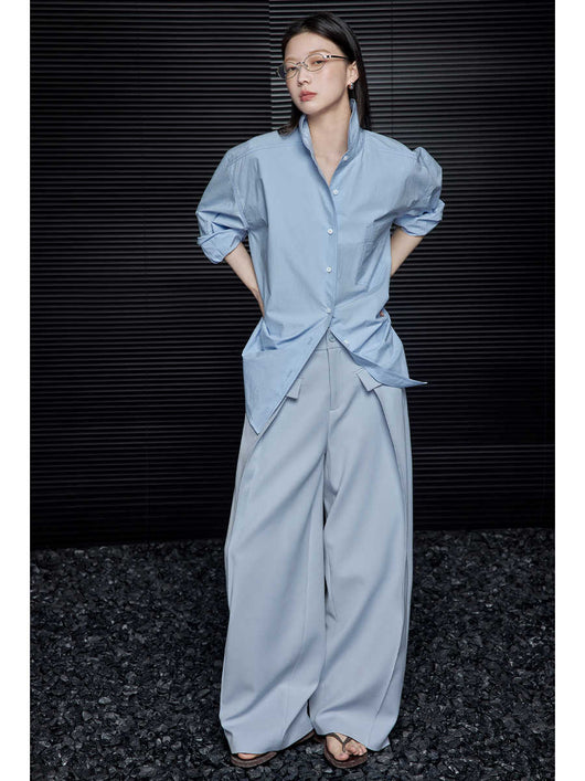 Blusa Minimalista Suelta Azul de Manga Larga para Mujer - Image 3