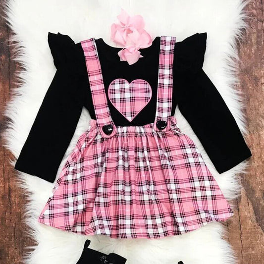 Conjunto Infantil Blusa Cuadrille Manga Larga con Falda Tipo Peto - Image 2
