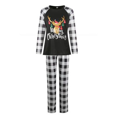 Family matching Christmas pajamas with black and white buffalo plaid sleeves and pants, featuring a reindeer graphic. - Image 4