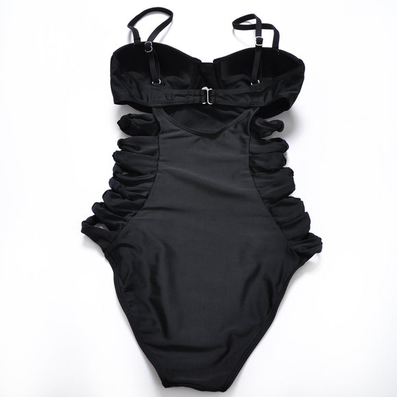 Traje de Baño Negro Fruncido con Aro Reafirmante