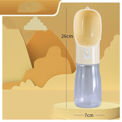 Pink portable pet water bottle with integrated feeder bowl, clear reservoir, and dispensing button for dogs. - Image 14